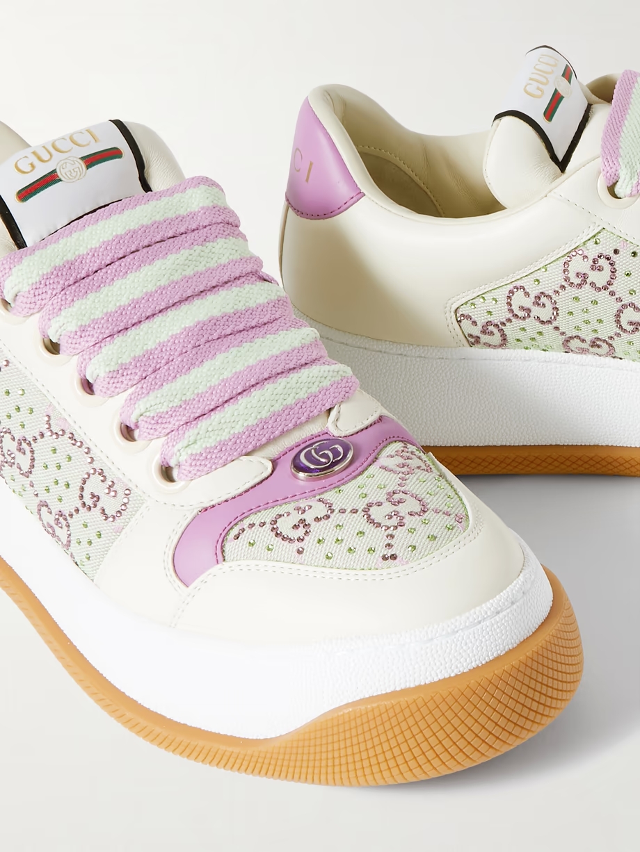 Double Screener crystal-embellished coated cotton-canvas and leather sneakers