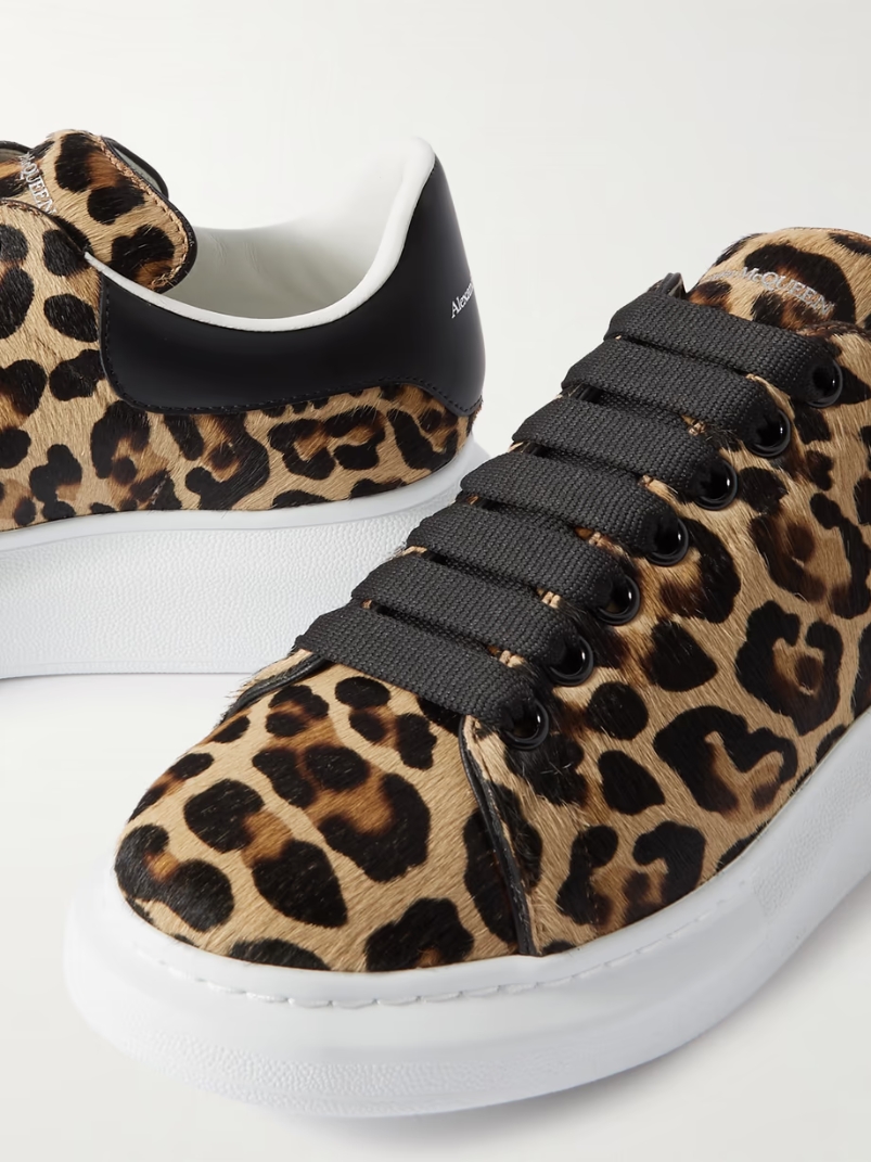 Leather-trimmed leopard-print calf hair sneakers