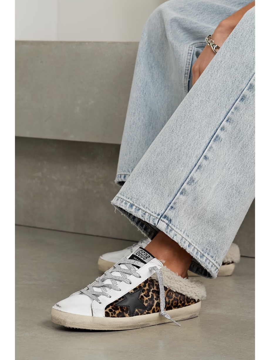 Superstar Sabot shearling-lined distressed leopard-print calf hair and leather slip-on sneakers