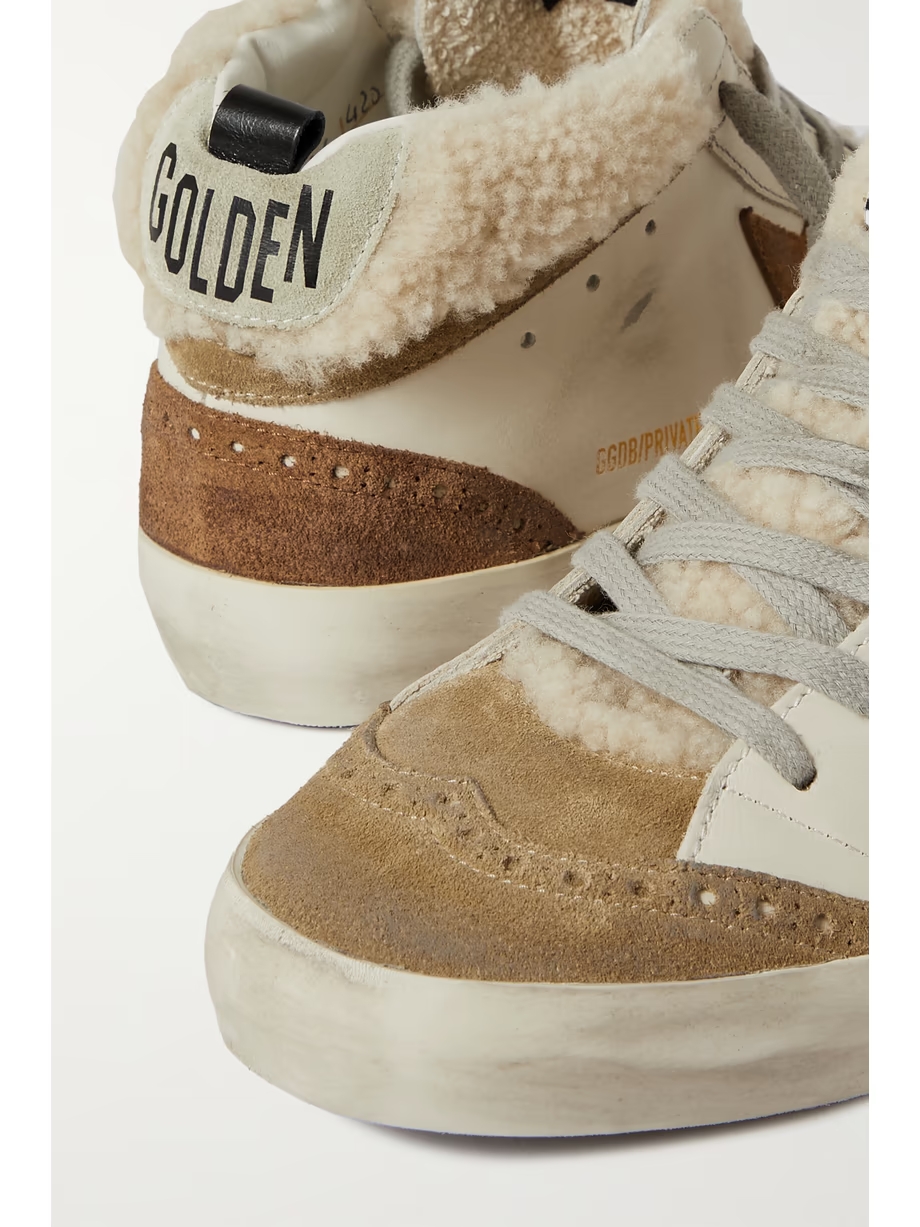 Mid Star distressed leather, suede and shearling sneakers