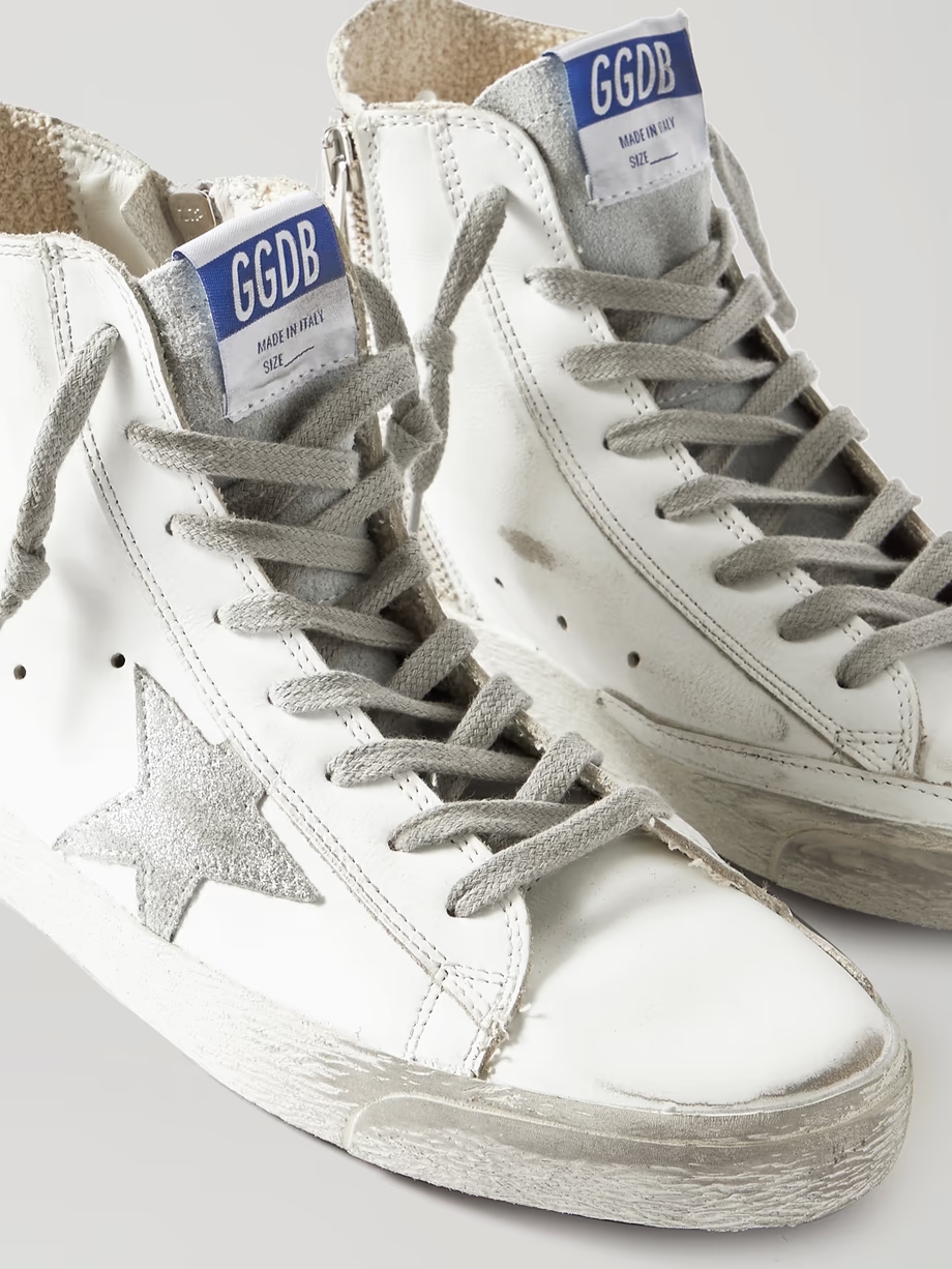 Francy glittered distressed leather and suede high-top sneakers