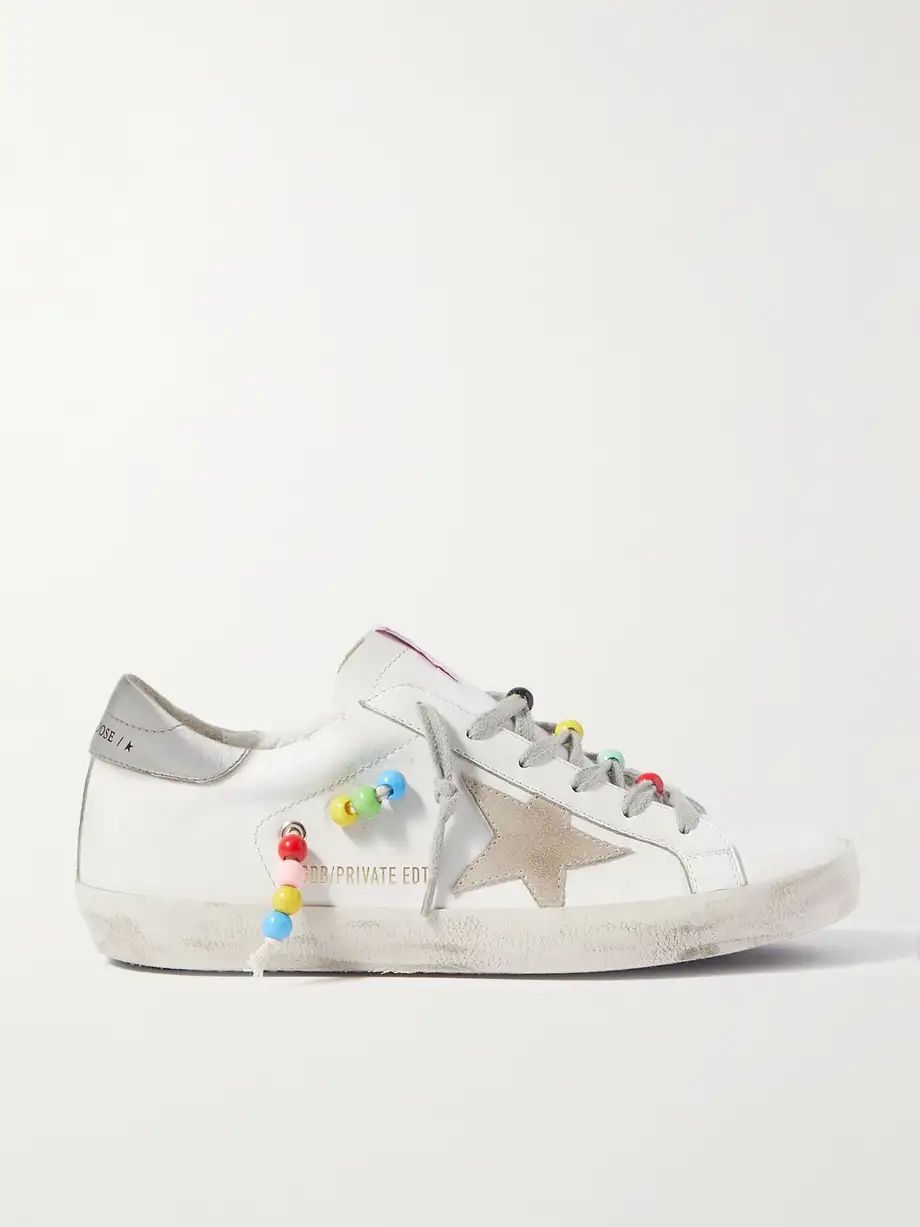 Superstar bead-embellished distressed leather and suede sneakers