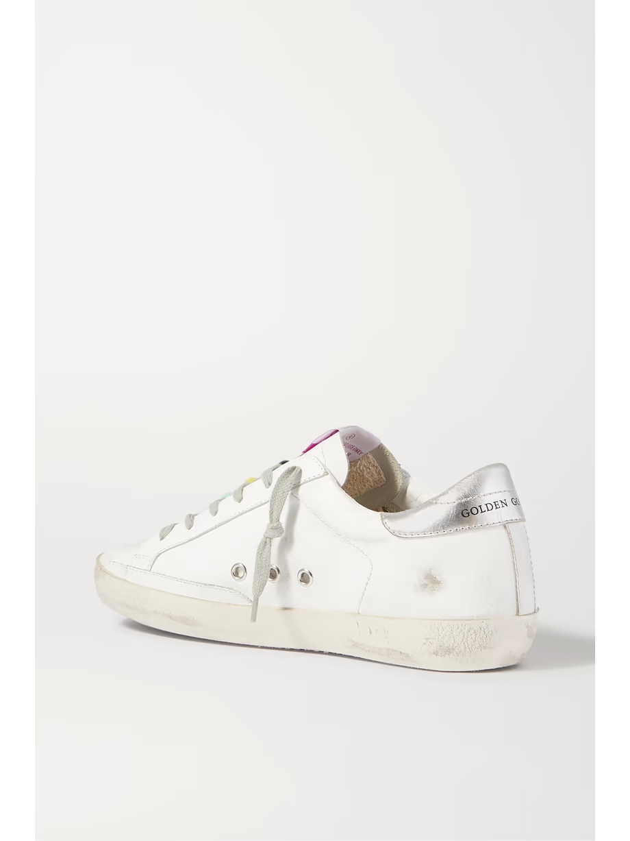 Superstar bead-embellished distressed leather and suede sneakers