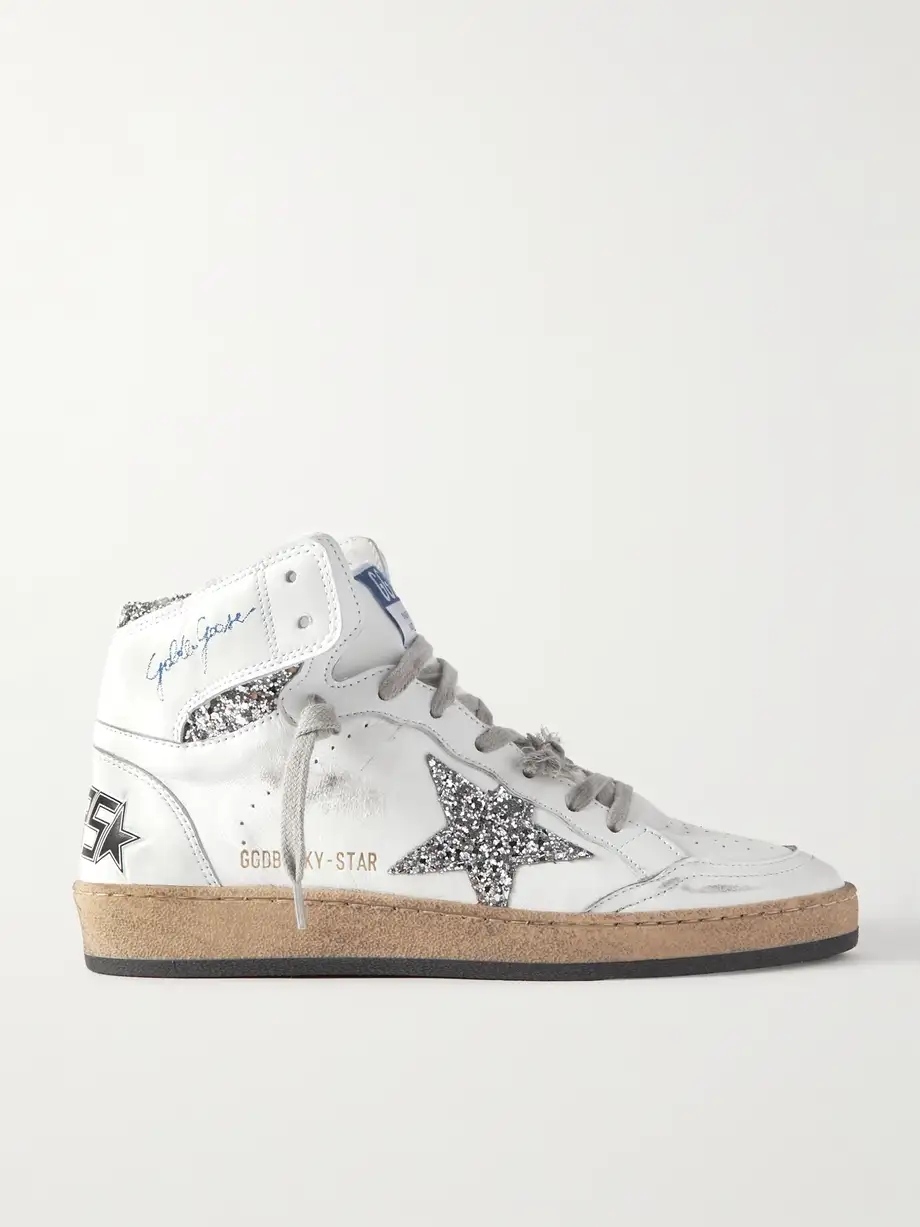 Sky-Star distressed glittered leather high-top sneakers