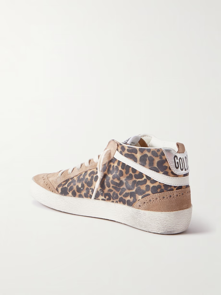 Mid Star distressed leather-trimmed leopard-print suede sneakers