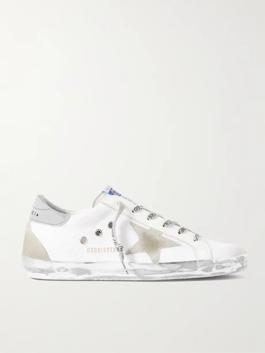 Superstar distressed suede and leather-trimmed canvas sneakers