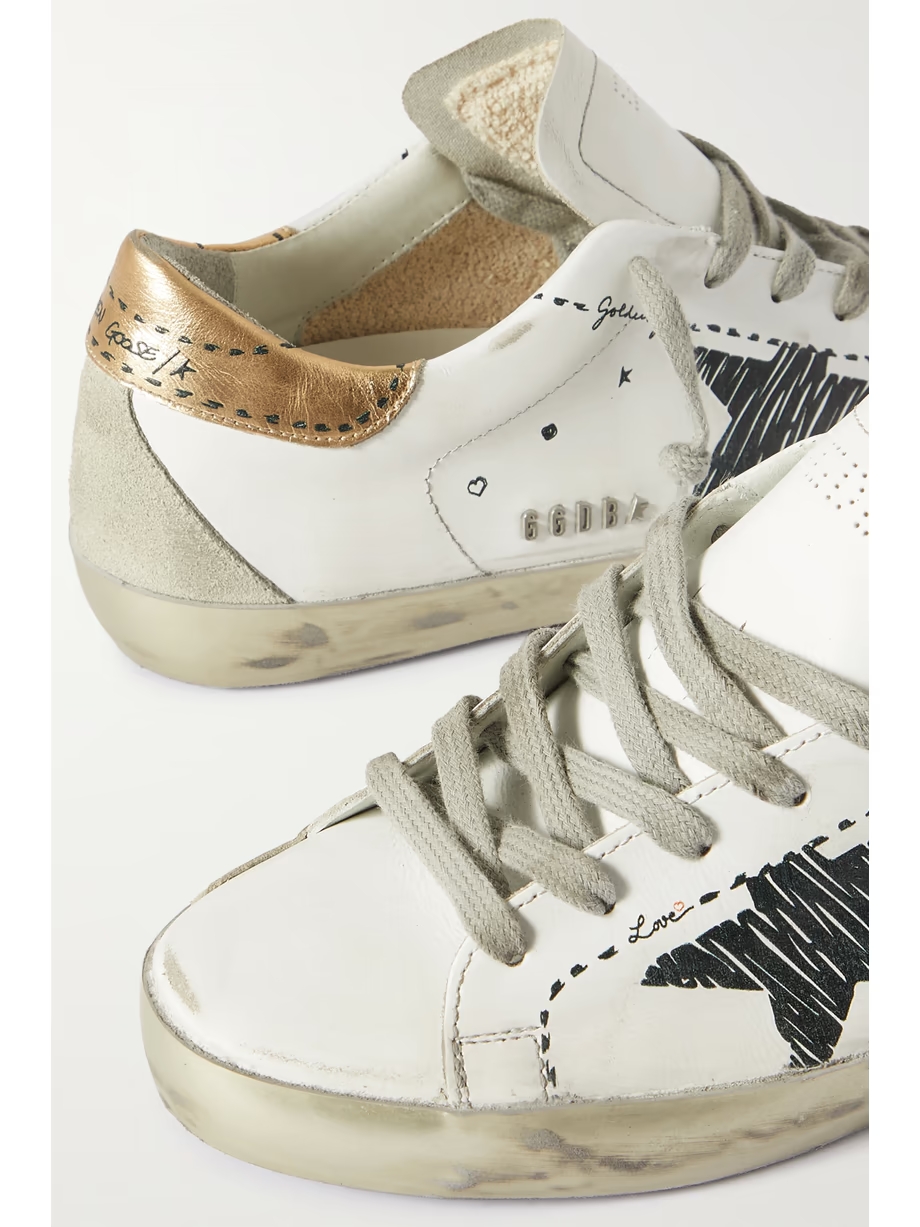 Superstar distressed suede-trimmed printed leather sneakers