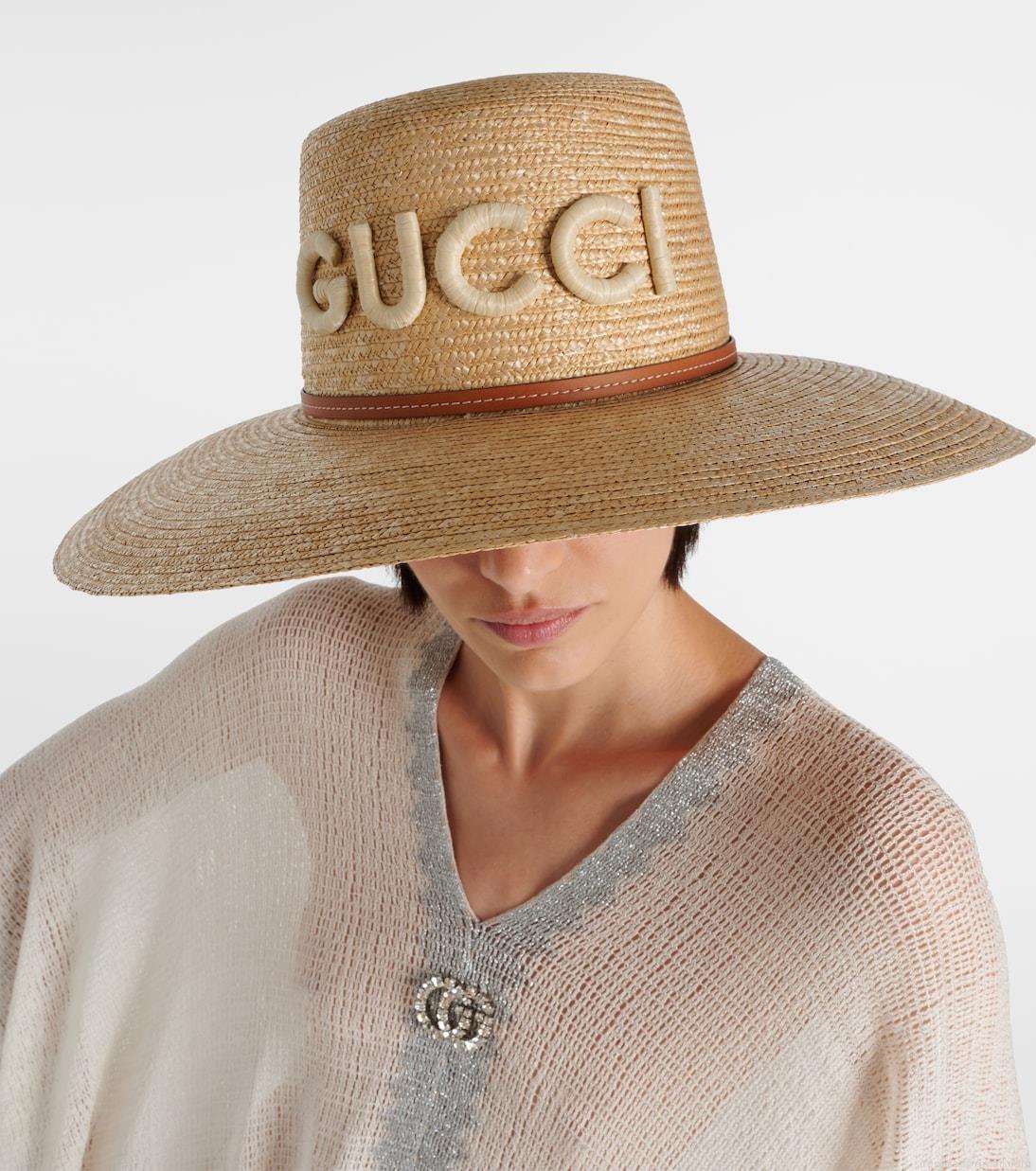 GucciLogo leather-trimmed straw sunhat