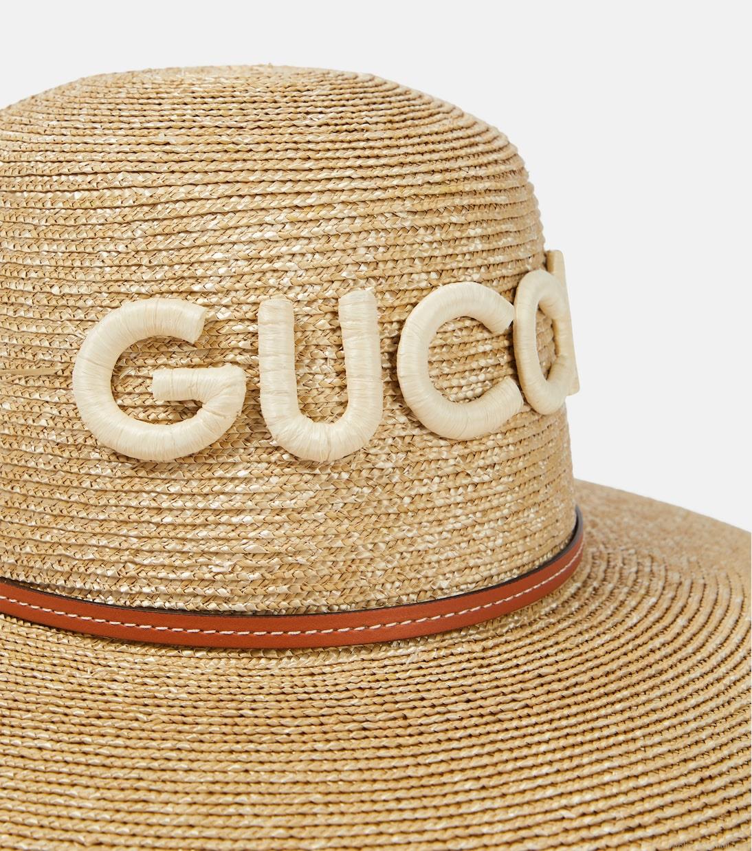 GucciLogo leather-trimmed straw sunhat