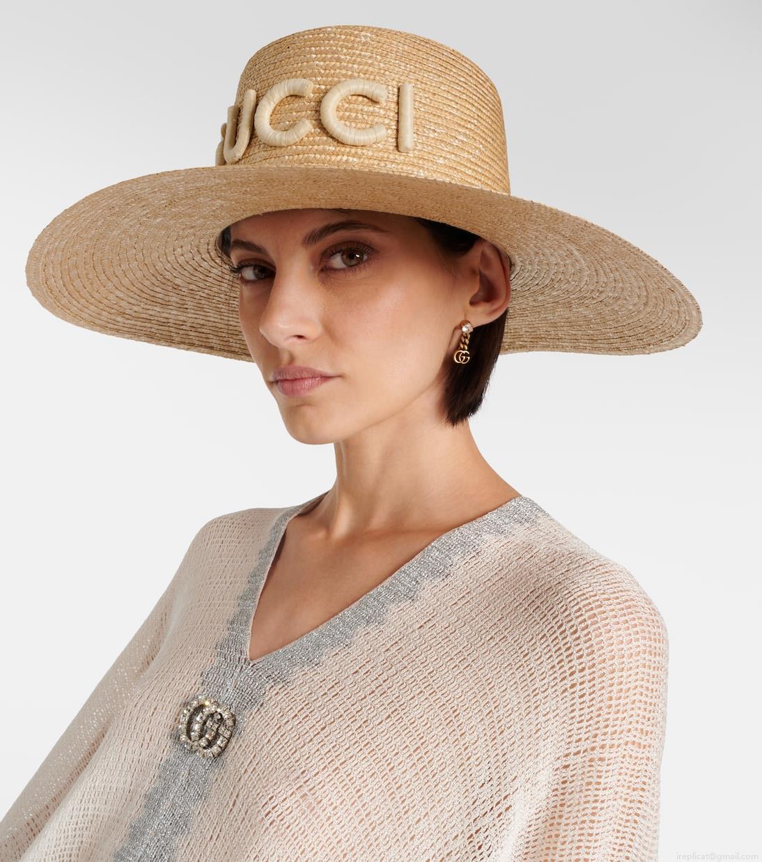 GucciLogo leather-trimmed straw sunhat