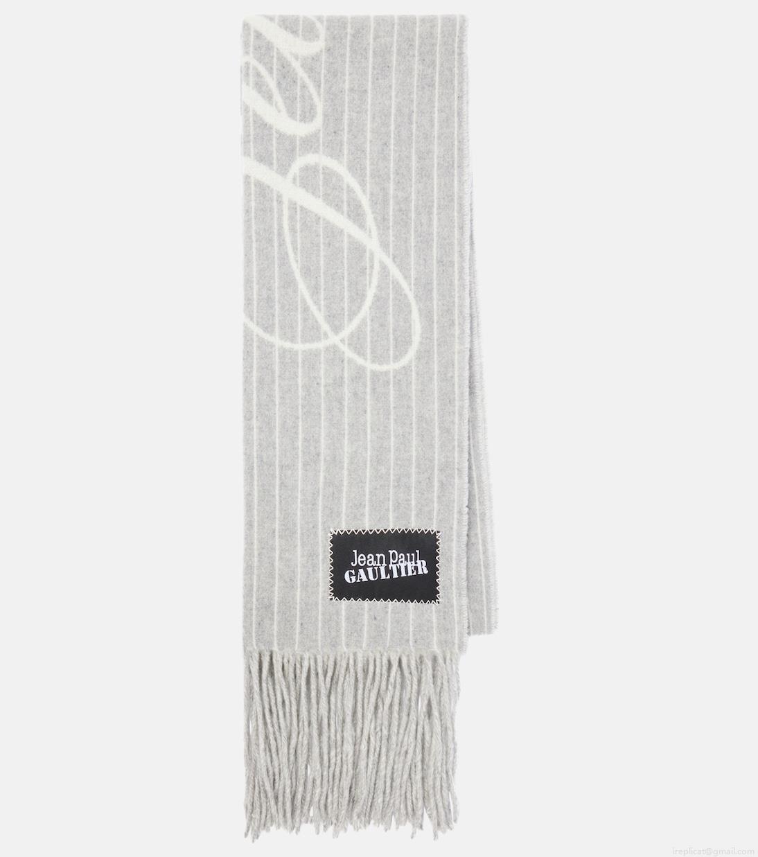 Jean Paul GaultierLogo pinstripe fringed wool scarf